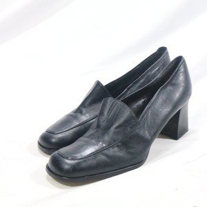 JAZZ Dark Blue Leather Square Toe Loafer Heels